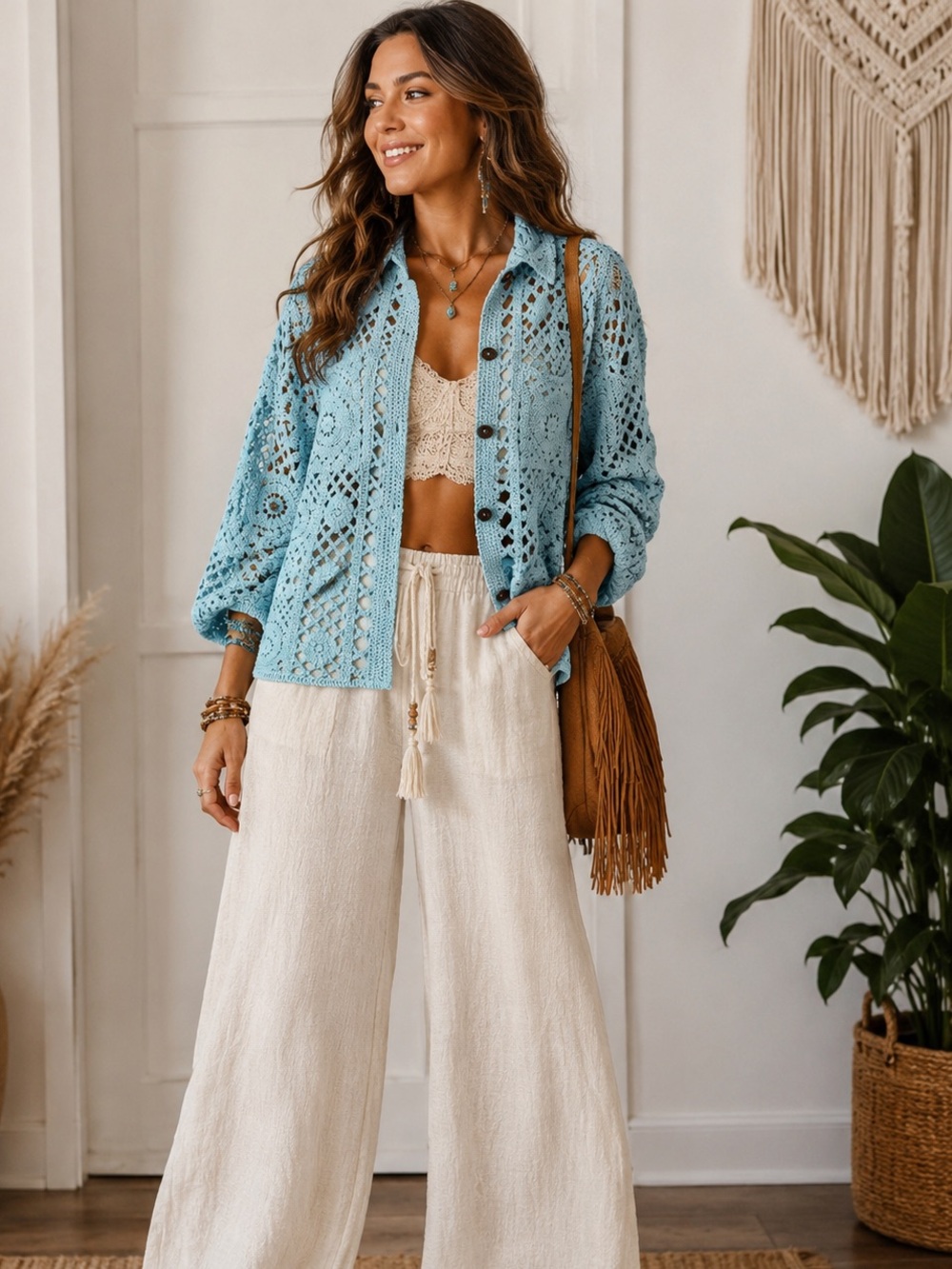POL Light Blue Crochet Knit Button-Up Shirt Jacket one size